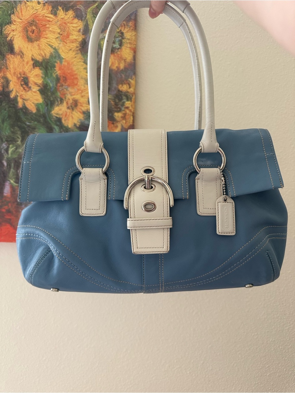 Vintage Coach Blue & White Leather Handbag